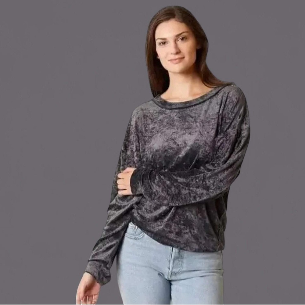 WE‎ THE FREE Velvet Crushed Long Sleeve Top Charcoal Gray Women's Size Small (S)